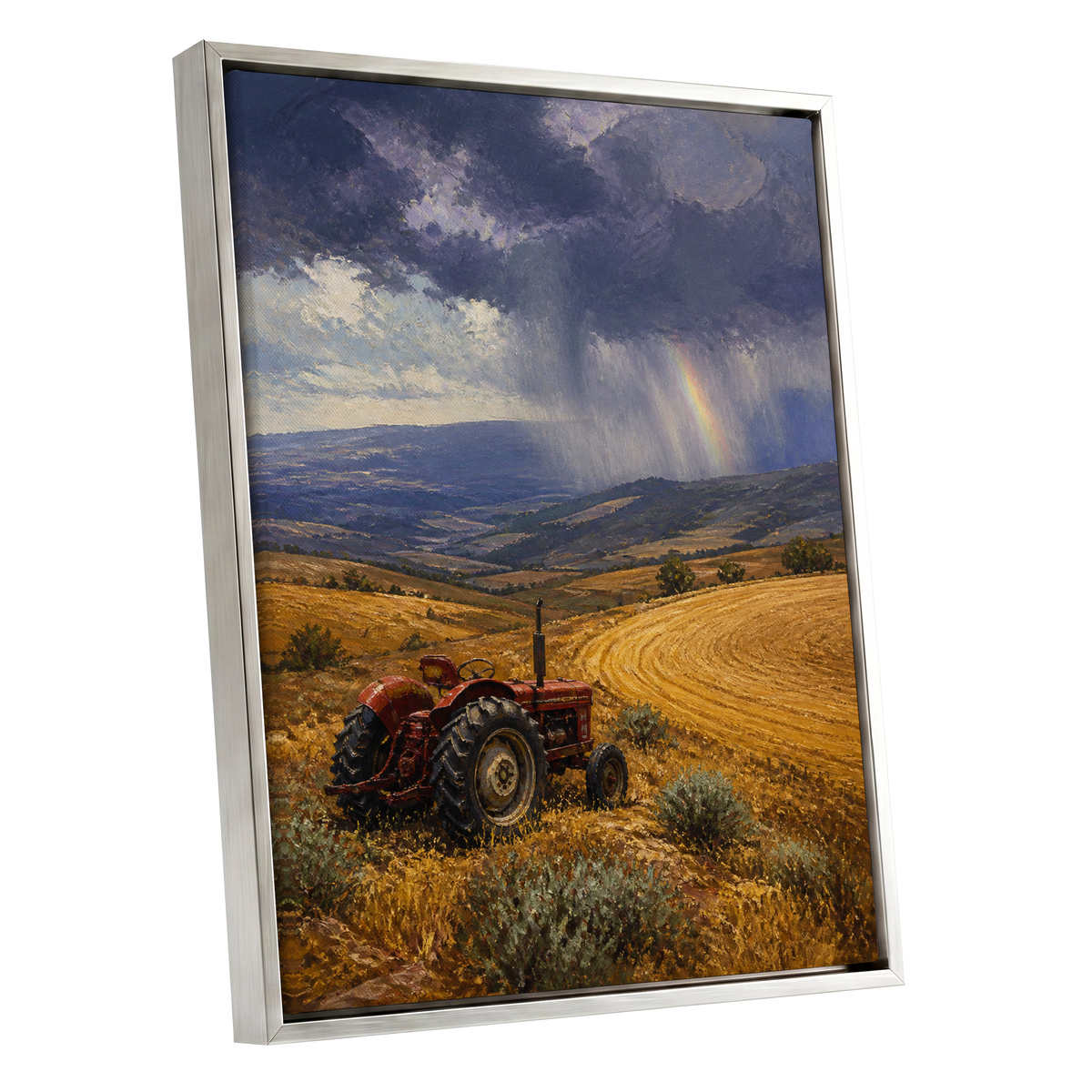 Rainbow Over Harvest, gold, blue, red nature wall art shown as a silver framed canvas wall art