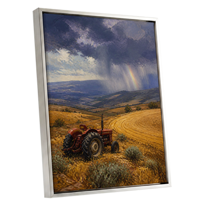 Rainbow Over Harvest, gold, blue, red nature wall art shown as a silver framed canvas wall art