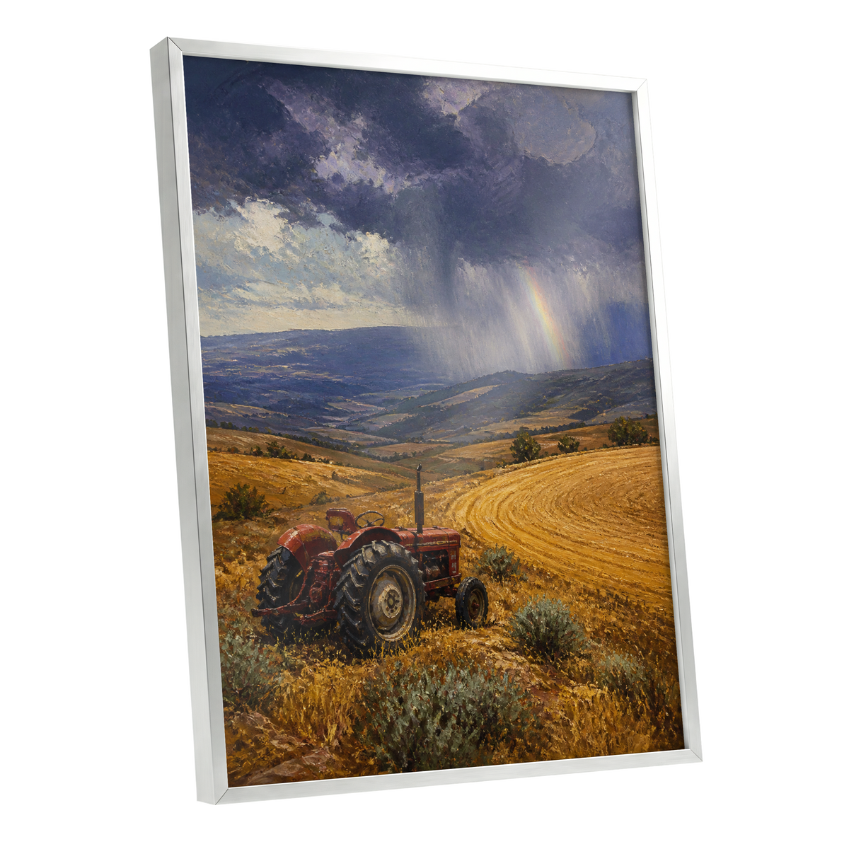 Rainbow Over Harvest, gold, blue, red nature wall art shown as a silver framed poster wall art print