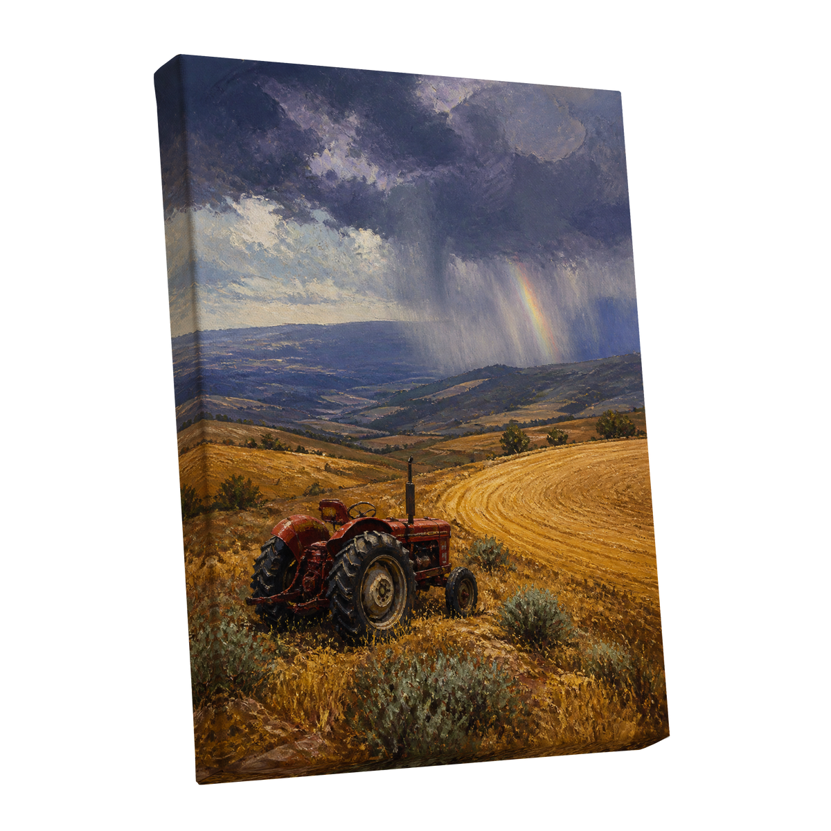 Rainbow Over Harvest, gold, blue, red nature wall art shown as a stretched canvas wall art