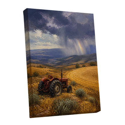 Rainbow Over Harvest, gold, blue, red nature wall art shown as a stretched canvas wall art