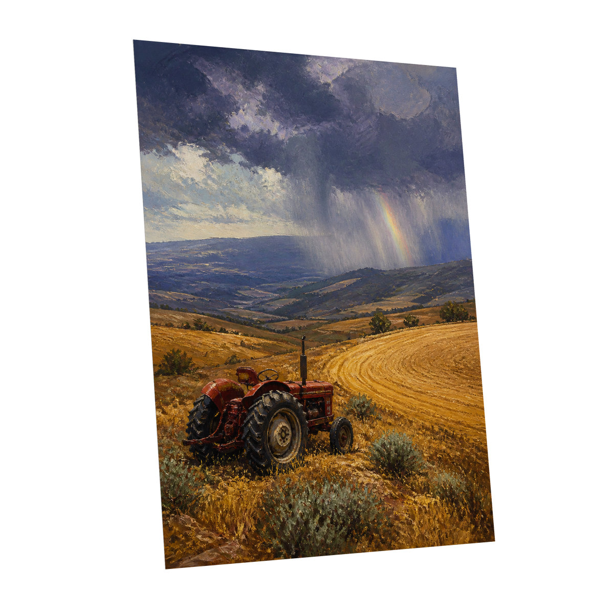 Rainbow Over Harvest, gold, blue, red nature wall art shown as a unframed poster wall art print