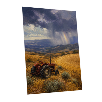 Rainbow Over Harvest, gold, blue, red nature wall art shown as a unframed poster wall art print