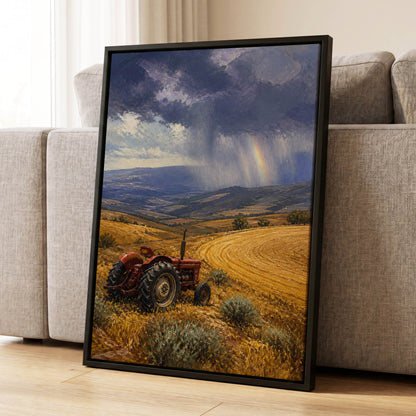 Rainbow Over Harvest, gold, blue, red nature wall art displayed in a styled interior, gallery view 1