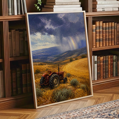Rainbow Over Harvest, gold, blue, red nature wall art displayed in a styled interior, gallery view 2