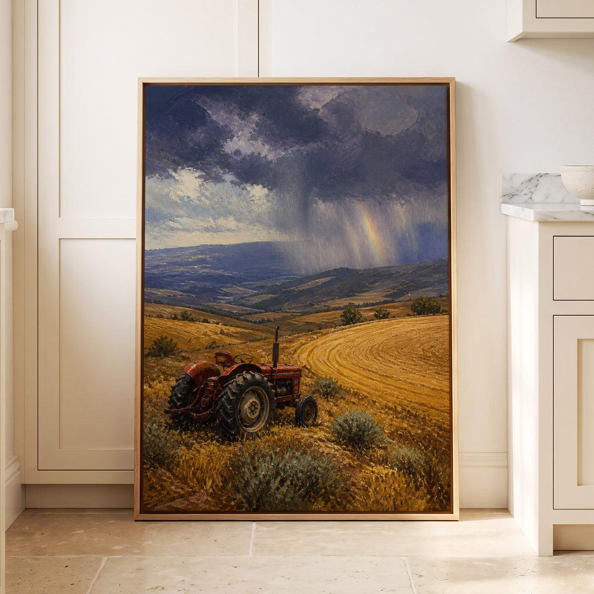 Rainbow Over Harvest, gold, blue, red nature wall art displayed in a styled interior, gallery view 3