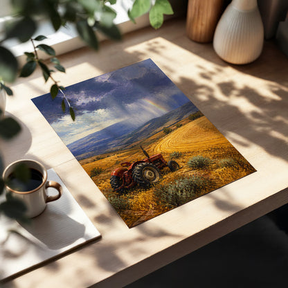 Rainbow Over Harvest, gold, blue, red nature wall art displayed in a styled interior, gallery view 4
