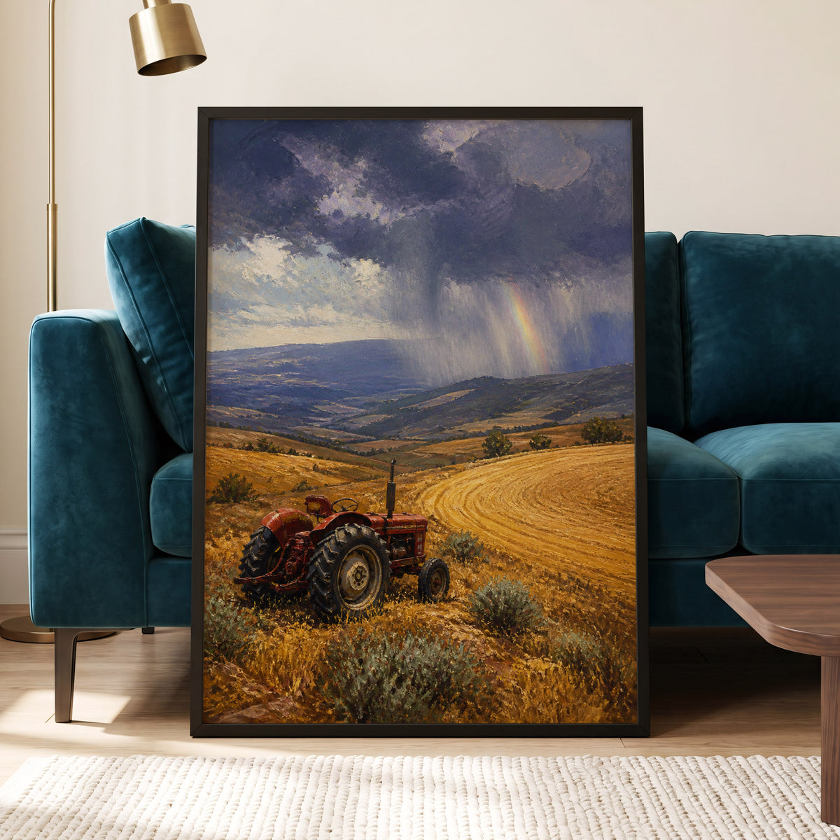 Rainbow Over Harvest, gold, blue, red nature wall art displayed in a styled interior, gallery view 5