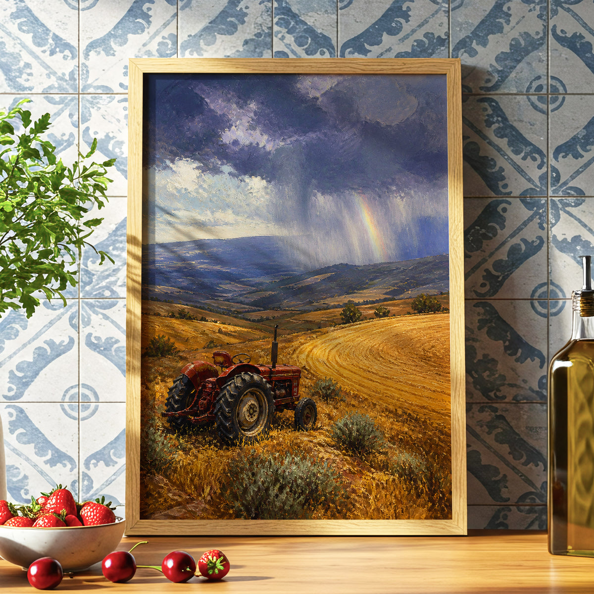 Rainbow Over Harvest, gold, blue, red nature wall art displayed in a styled interior, gallery view 6