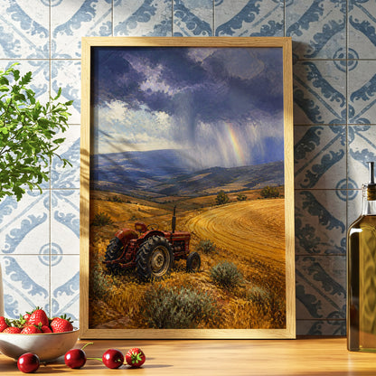 Rainbow Over Harvest, gold, blue, red nature wall art displayed in a styled interior, gallery view 6