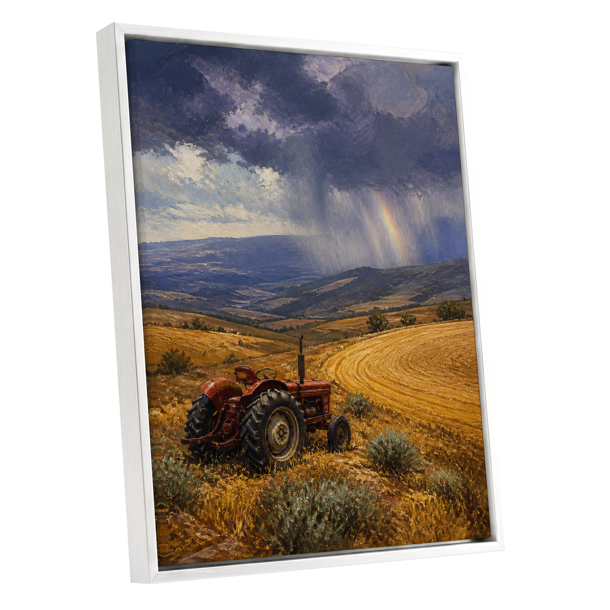 Rainbow Over Harvest, gold, blue, red nature wall art shown as a white framed canvas wall art