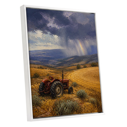 Rainbow Over Harvest, gold, blue, red nature wall art shown as a white framed canvas wall art
