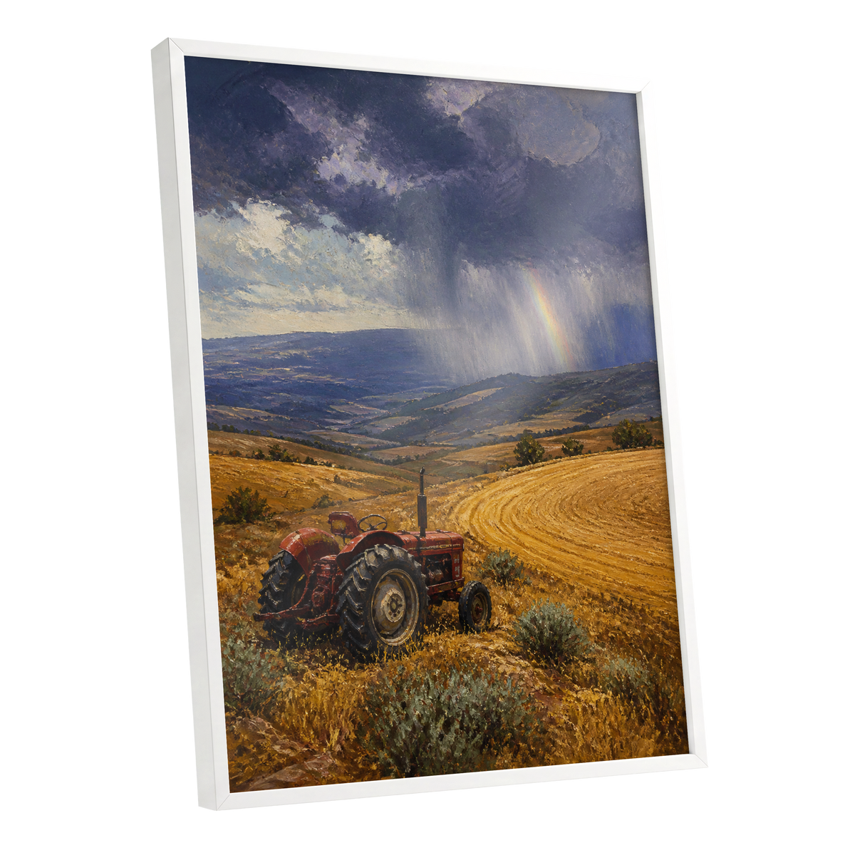 Rainbow Over Harvest, gold, blue, red nature wall art shown as a white framed poster wall art print