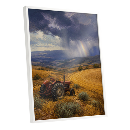 Rainbow Over Harvest, gold, blue, red nature wall art shown as a white framed poster wall art print