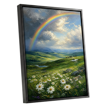 Rainbow Over Wildflower Vale, green, blue, white nature wall art shown as a black framed canvas wall art