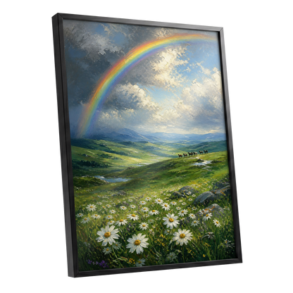 Rainbow Over Wildflower Vale, green, blue, white nature wall art shown as a black framed poster wall art print