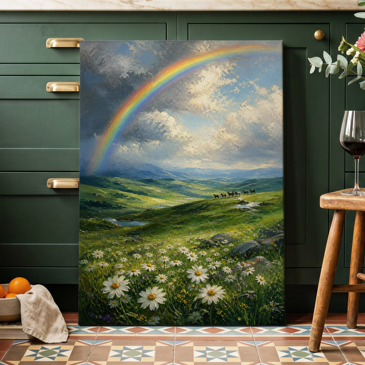 Rainbow Over Wildflower Vale, green, blue, white nature wall art on canvas displayed in a styled interior, gallery view 1