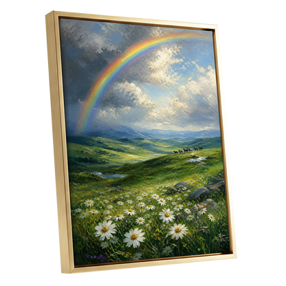 Rainbow Over Wildflower Vale, green, blue, white nature wall art shown as a gold framed canvas wall art