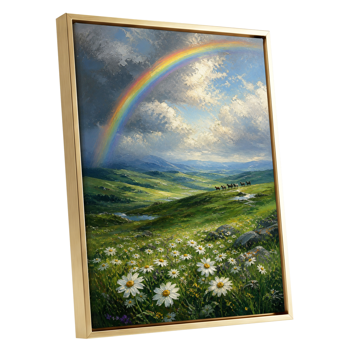 Rainbow Over Wildflower Vale, blue, green, white nature wall art shown as a gold framed canvas wall art