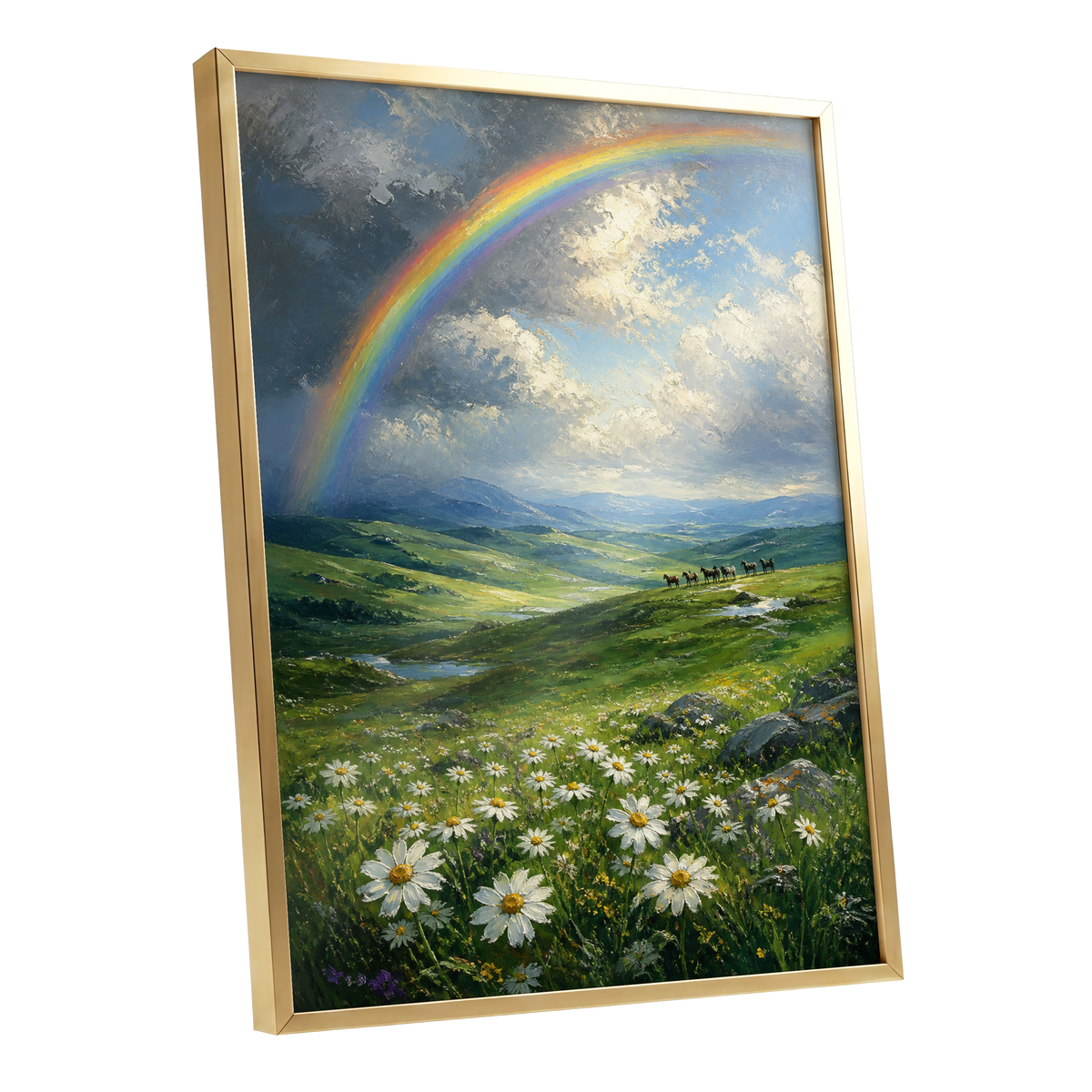Rainbow Over Wildflower Vale, green, blue, white nature wall art shown as a gold framed poster wall art print