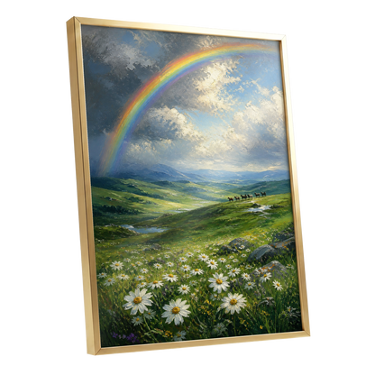 Rainbow Over Wildflower Vale, green, blue, white nature wall art shown as a gold framed poster wall art print