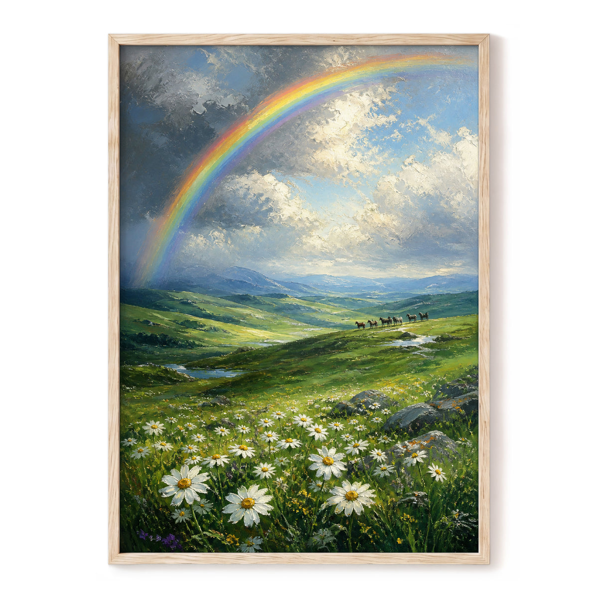 Rainbow Over Wildflower Vale, green, blue, white nature wall art, front artwork view