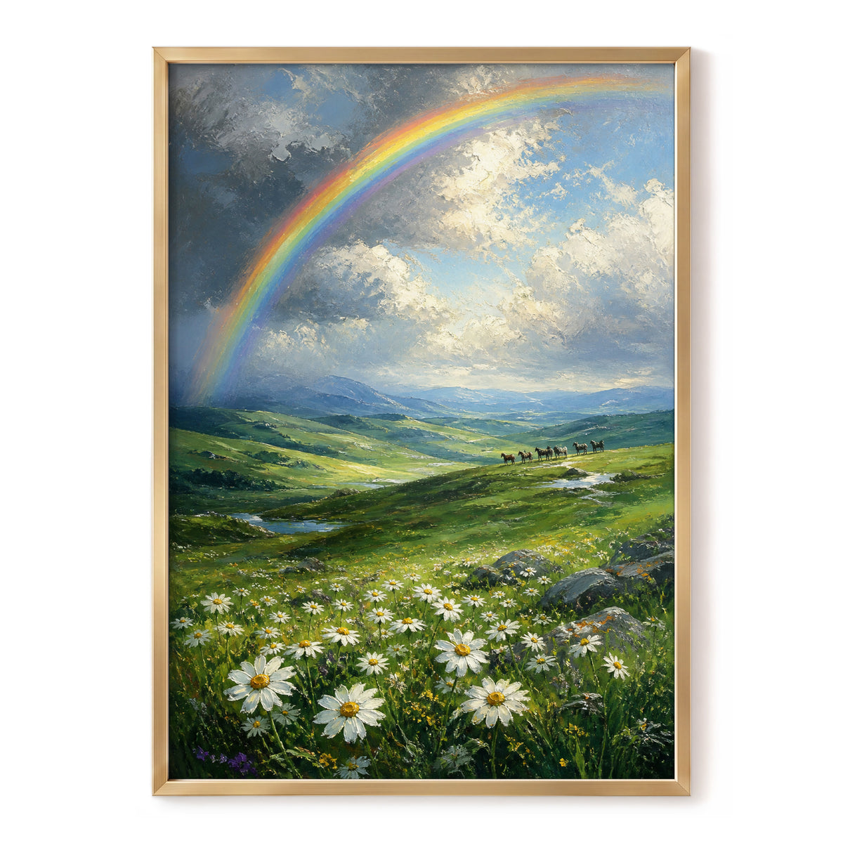 Rainbow Over Wildflower Vale, blue, green, white nature wall art, front artwork view