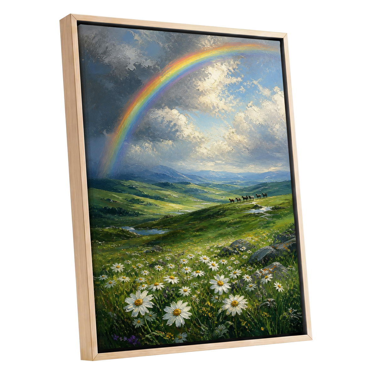 Rainbow Over Wildflower Vale, green, blue, white nature wall art shown as a oak framed canvas wall art