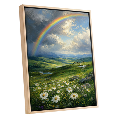Rainbow Over Wildflower Vale, blue, green, white nature wall art shown as a oak framed canvas wall art