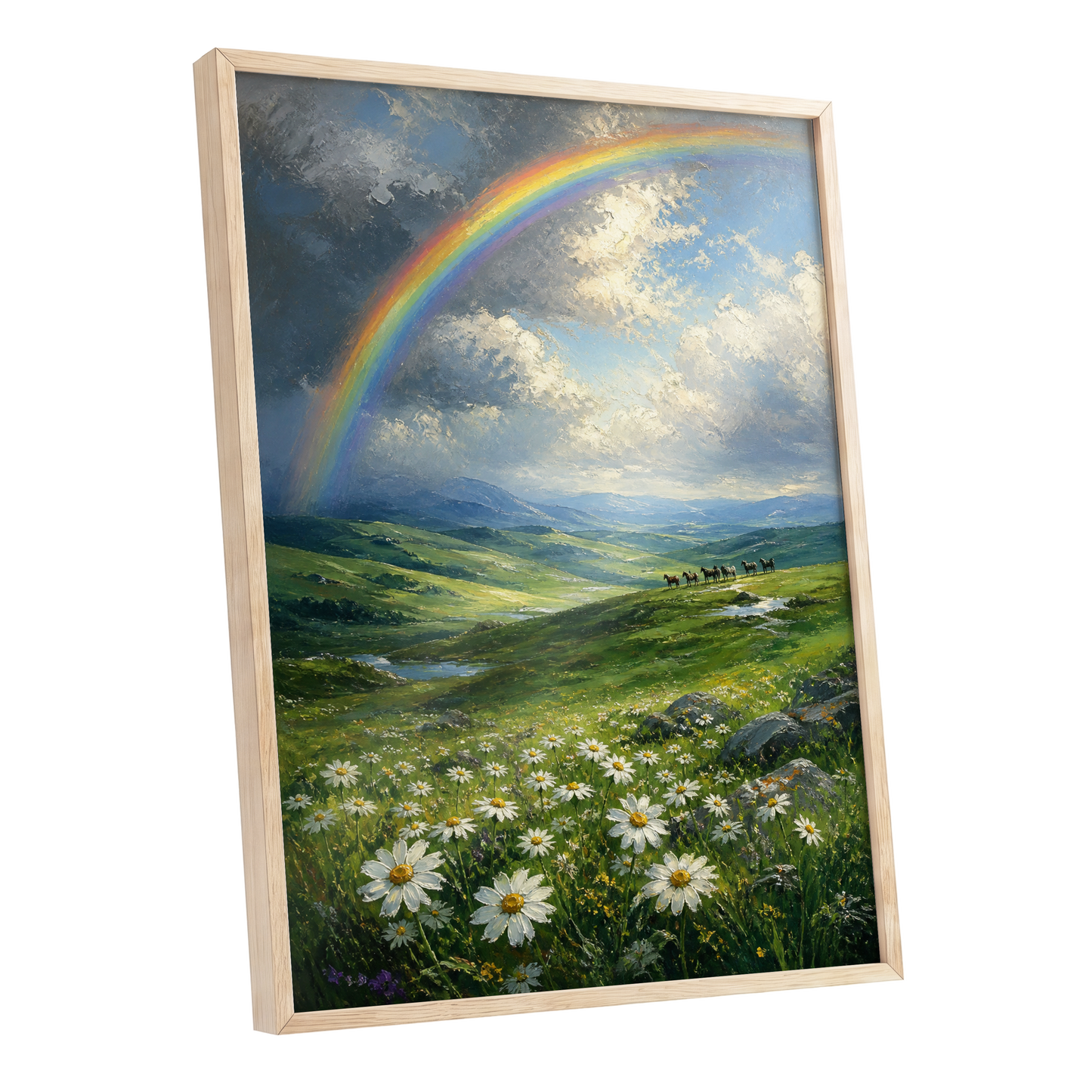 Rainbow Over Wildflower Vale, green, blue, white nature wall art shown as a oak framed poster wall art print