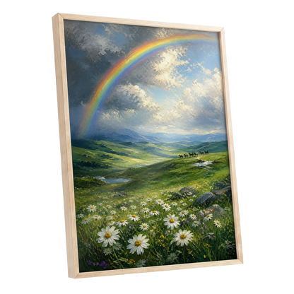 Rainbow Over Wildflower Vale, blue, green, white nature wall art shown as a oak framed poster wall art print