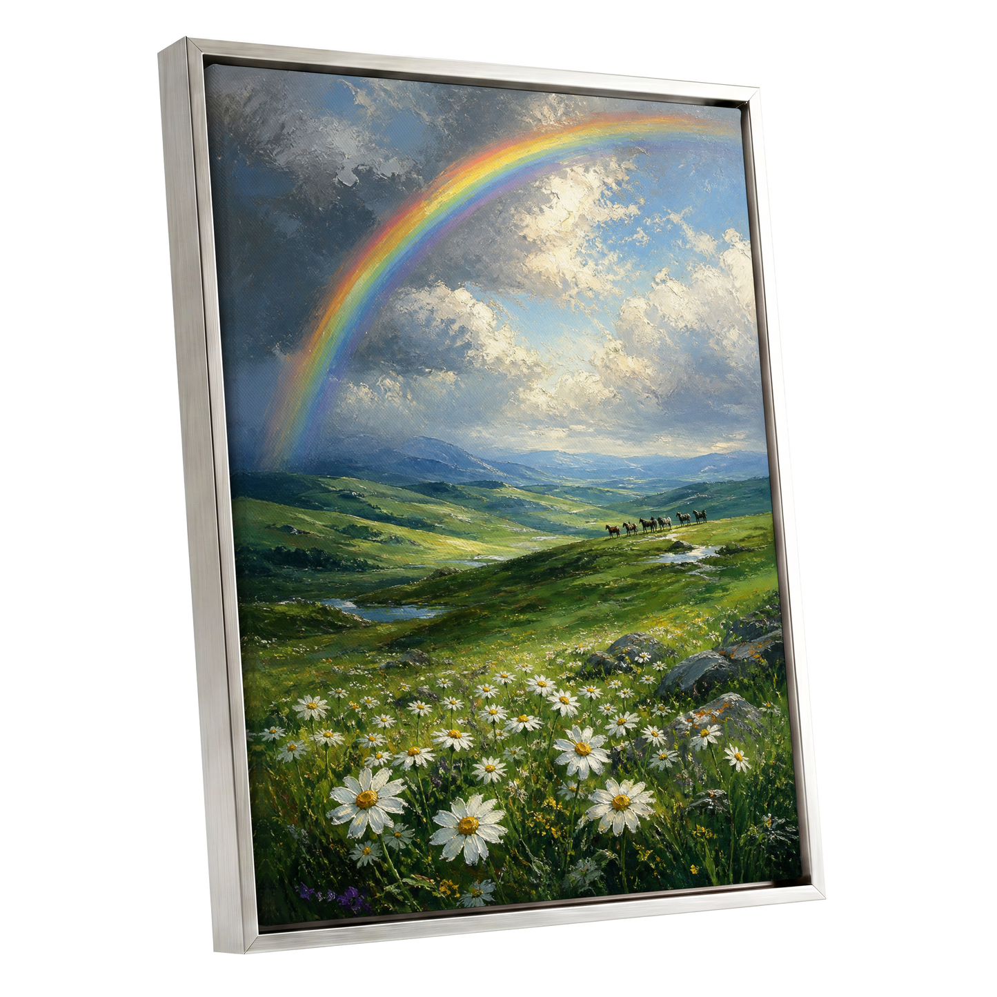 Rainbow Over Wildflower Vale, green, blue, white nature wall art shown as a silver framed canvas wall art