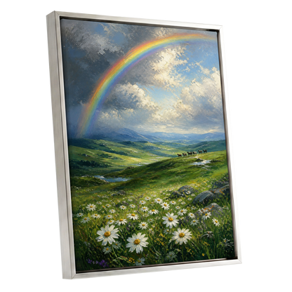 Rainbow Over Wildflower Vale, green, blue, white nature wall art shown as a silver framed canvas wall art