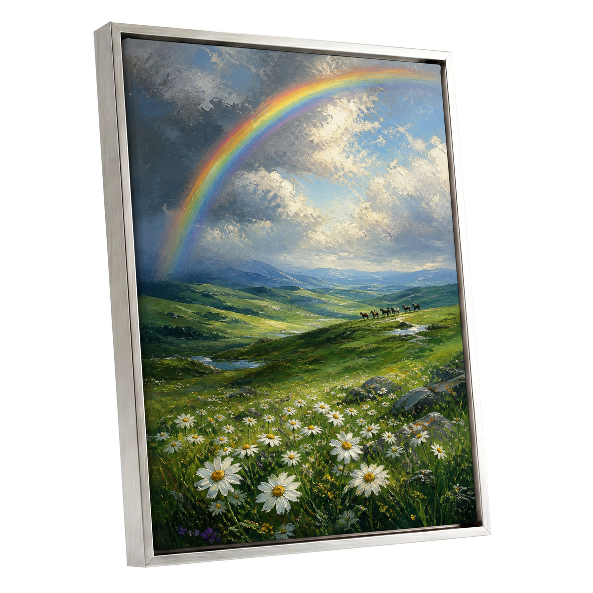 Rainbow Over Wildflower Vale, blue, green, white nature wall art shown as a silver framed canvas wall art