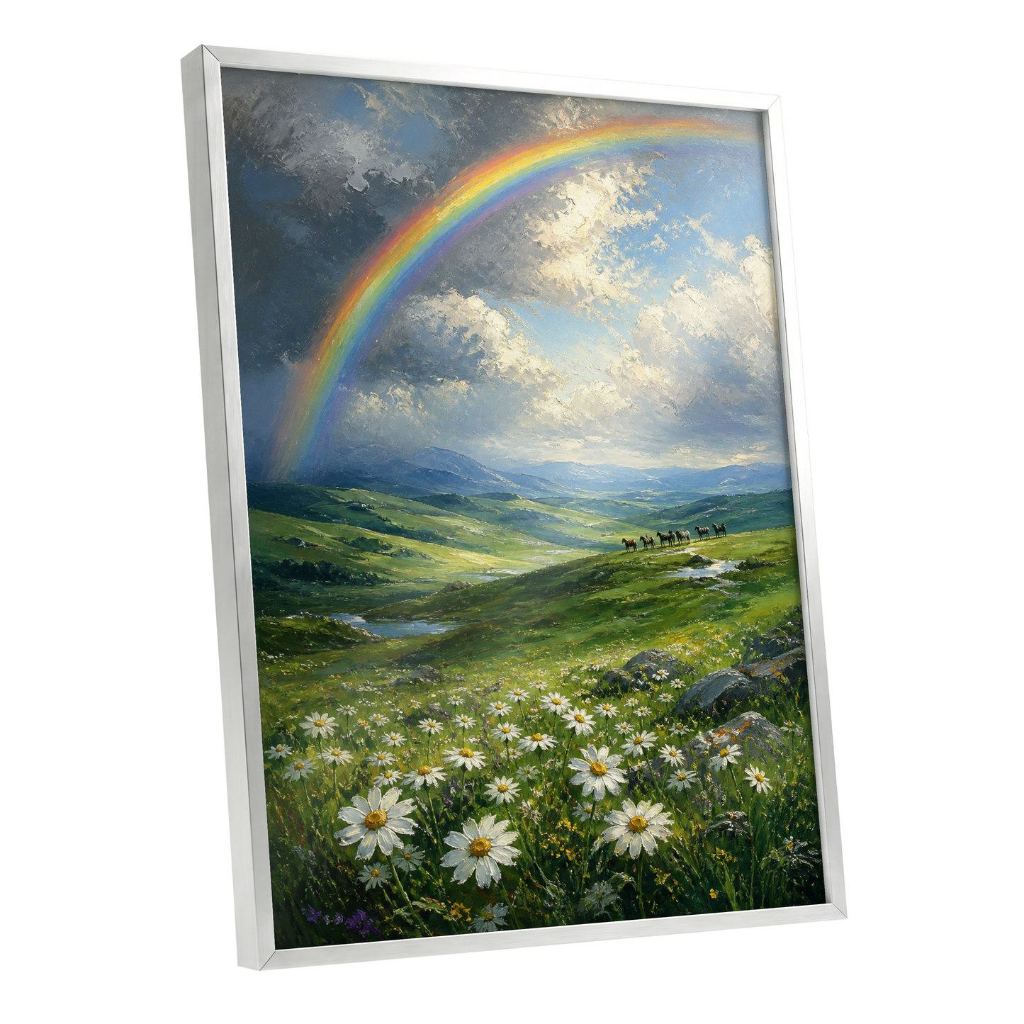 Rainbow Over Wildflower Vale, green, blue, white nature wall art shown as a silver framed poster wall art print