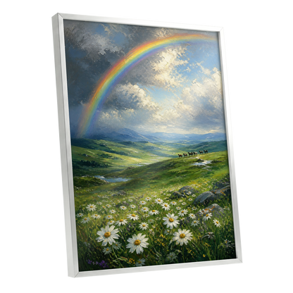 Rainbow Over Wildflower Vale, green, blue, white nature wall art shown as a silver framed poster wall art print
