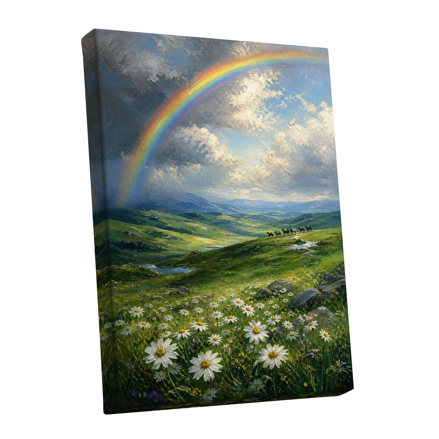 Rainbow Over Wildflower Vale, green, blue, white nature wall art shown as a stretched canvas wall art
