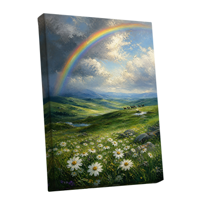 Rainbow Over Wildflower Vale, blue, green, white nature wall art shown as a stretched canvas wall art