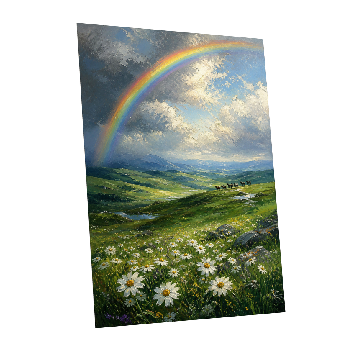 Rainbow Over Wildflower Vale, green, blue, white nature wall art shown as a unframed poster wall art print
