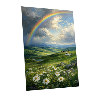 Rainbow Over Wildflower Vale, green, blue, white nature wall art shown as a unframed poster wall art print