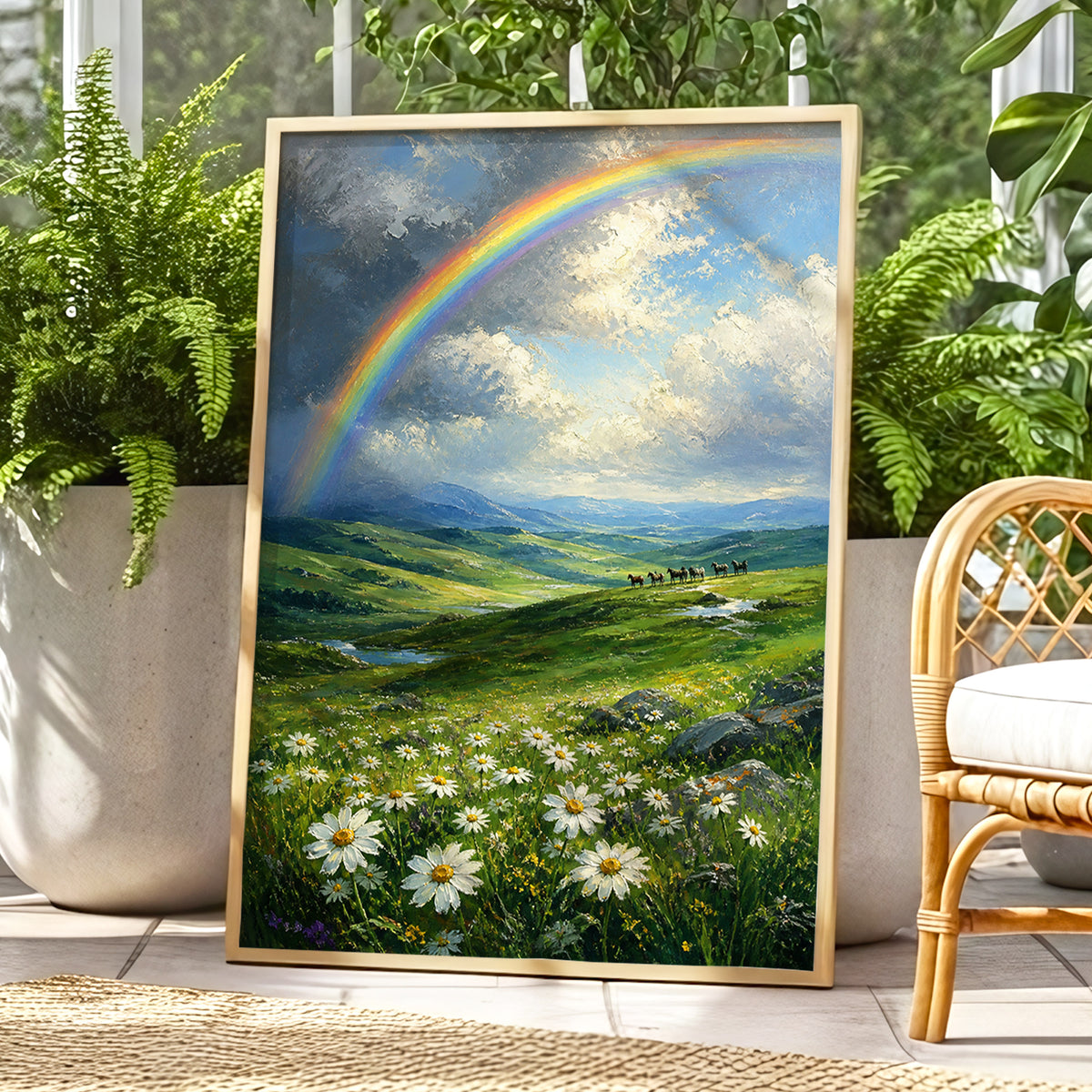 Rainbow Over Wildflower Vale, green, blue, white nature wall art displayed in a styled interior, gallery view 1
