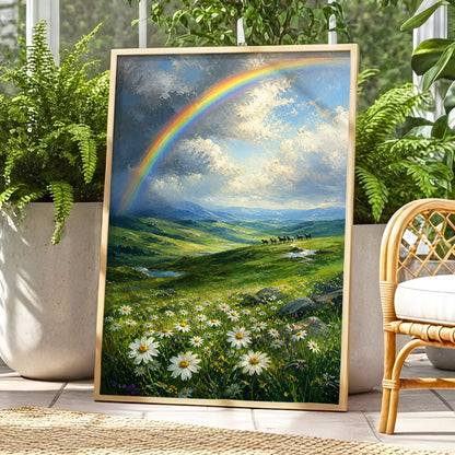 Rainbow Over Wildflower Vale, green, blue, white nature wall art displayed in a styled interior, gallery view 1
