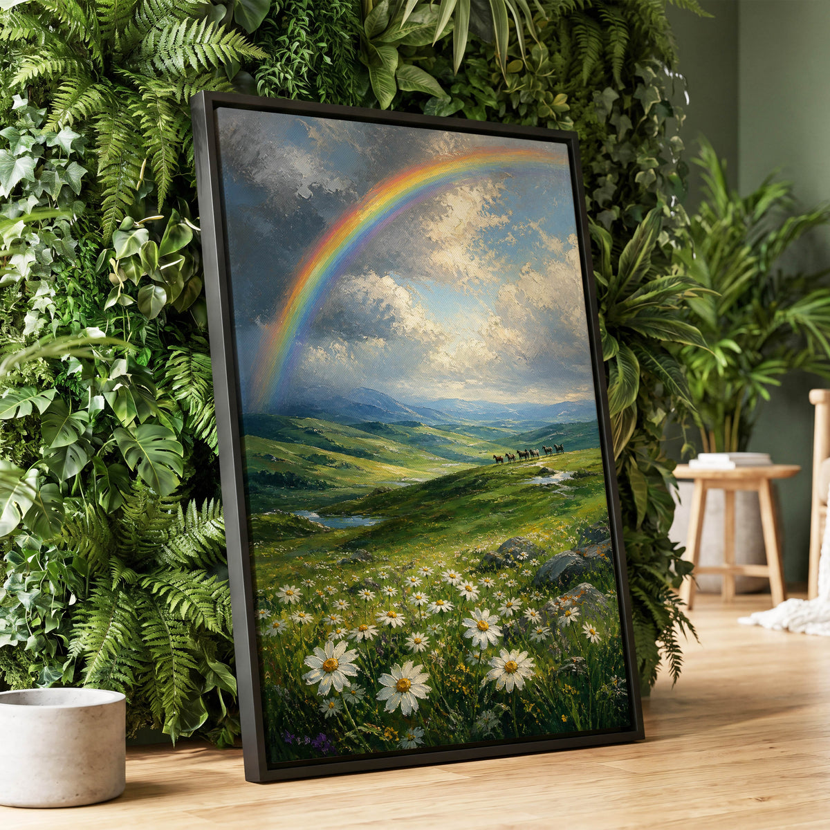 Rainbow Over Wildflower Vale, blue, green, white nature wall art displayed in a styled interior, gallery view 1