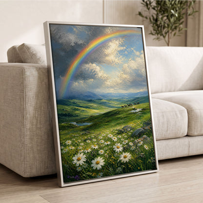 Rainbow Over Wildflower Vale, green, blue, white nature wall art displayed in a styled interior, gallery view 2