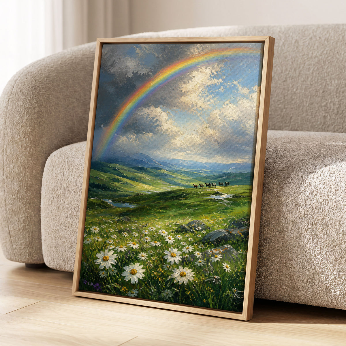Rainbow Over Wildflower Vale, blue, green, white nature wall art displayed in a styled interior, gallery view 2
