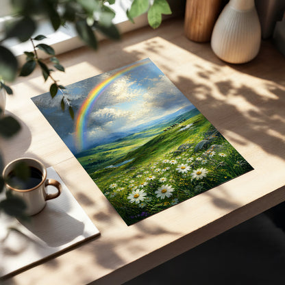 Rainbow Over Wildflower Vale, green, blue, white nature wall art displayed in a styled interior, gallery view 3