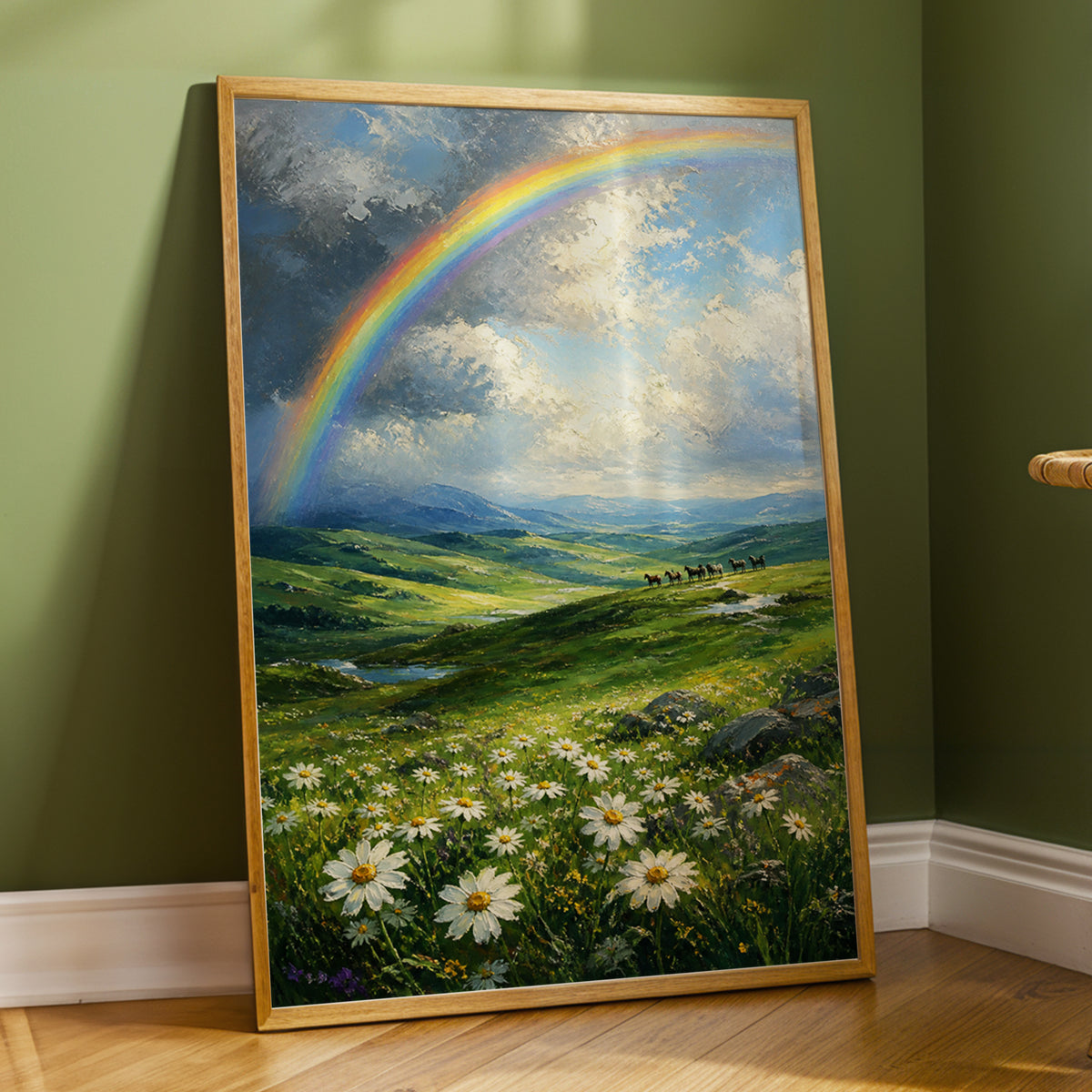 Rainbow Over Wildflower Vale, blue, green, white nature wall art displayed in a styled interior, gallery view 3
