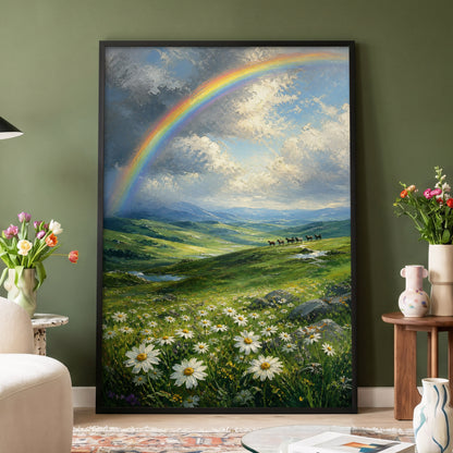 Rainbow Over Wildflower Vale, green, blue, white nature wall art displayed in a styled interior, gallery view 4