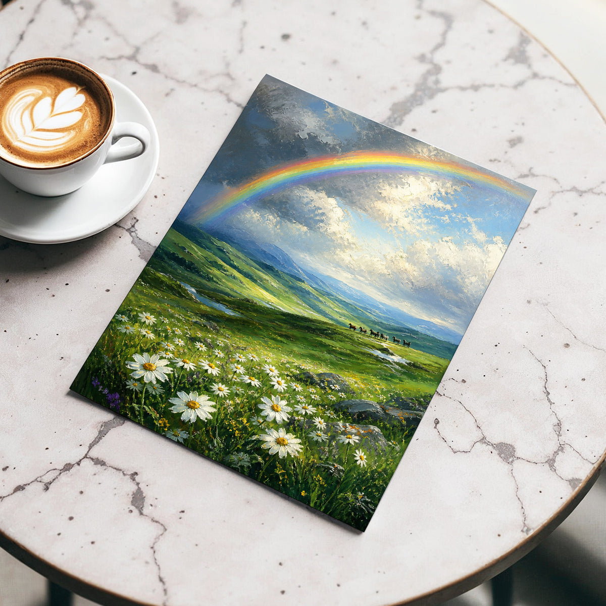 Rainbow Over Wildflower Vale, blue, green, white nature wall art displayed in a styled interior, gallery view 4