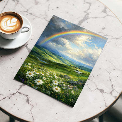 Rainbow Over Wildflower Vale, blue, green, white nature wall art displayed in a styled interior, gallery view 4